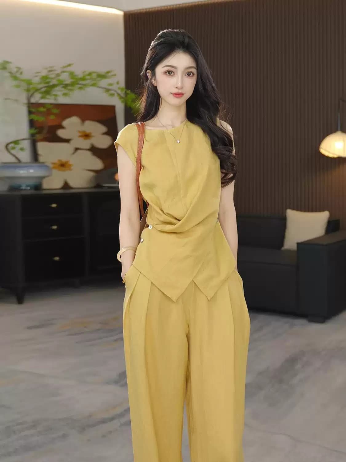 2026 새로운 품격 패션 연령 감소 표지 고기 민소매 허리 수축 십자가 맨위 하이웨이스트 와이드 레그 팬츠 세트 투피스 세트 상세 이미지 5