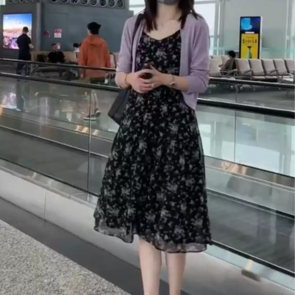 인기 보라색 자외선 차단 의류 오픈 가디건 에어컨 서비스 세트 드레스 2026 봄 표지 배 꽃무늬 슬립 드레스 투피스 세트 이미지 5