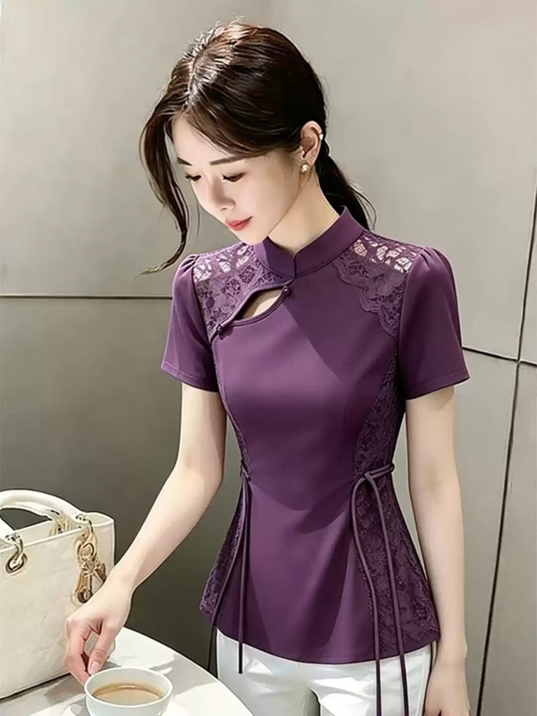 새로운 중식 보라색 맨위 여성 2026 여름 빛 요리 한 품격 명문 여성 레트로 단추 개선 당나라 홀로우 아웃 셔츠 이미지 2