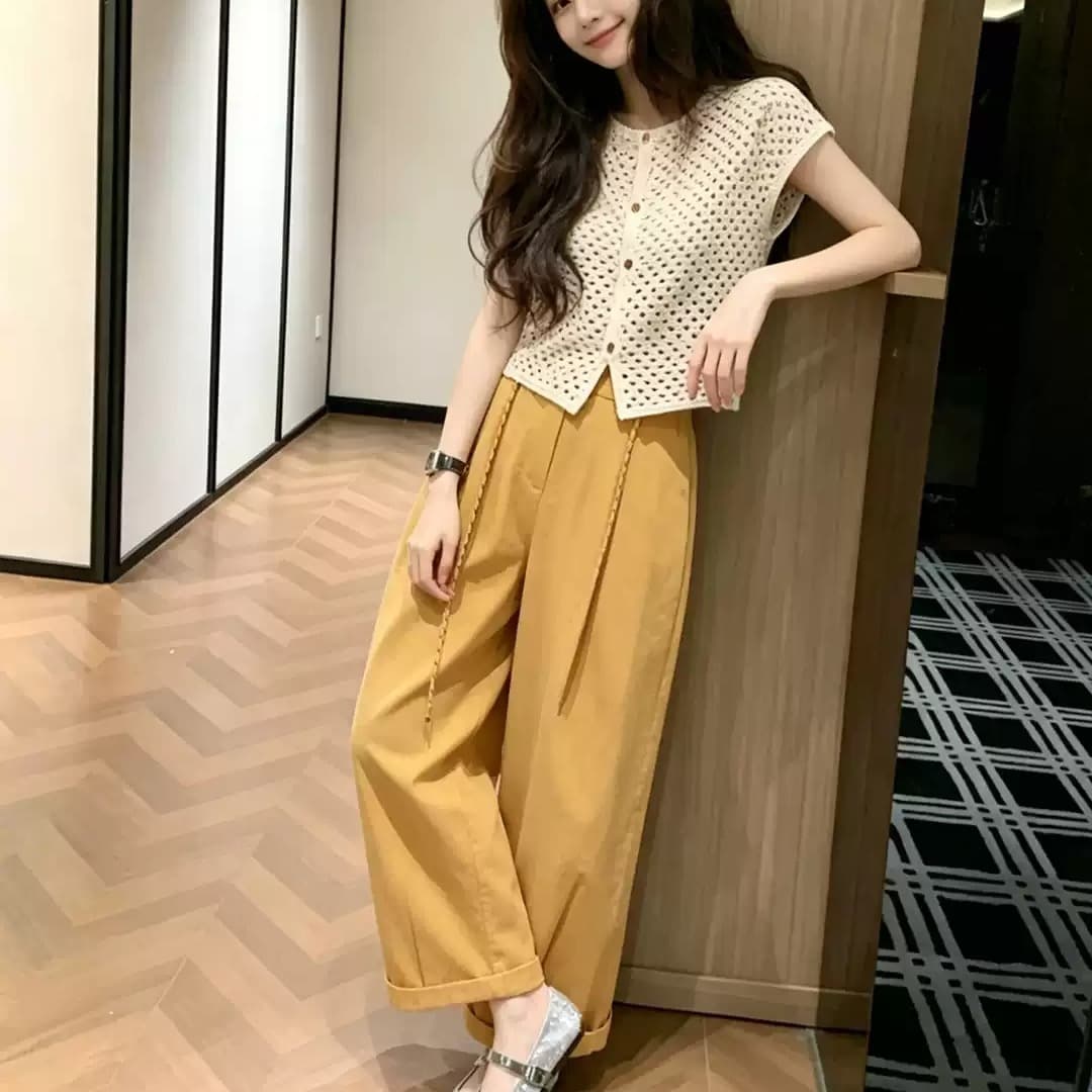 2026 새로운 품격 전체 집합 ootd 착용 가져 가라. 초여름 고유 한 아름다운 작은 키 와이드 레그 팬츠 투피스 슈트 여성 이미지 5