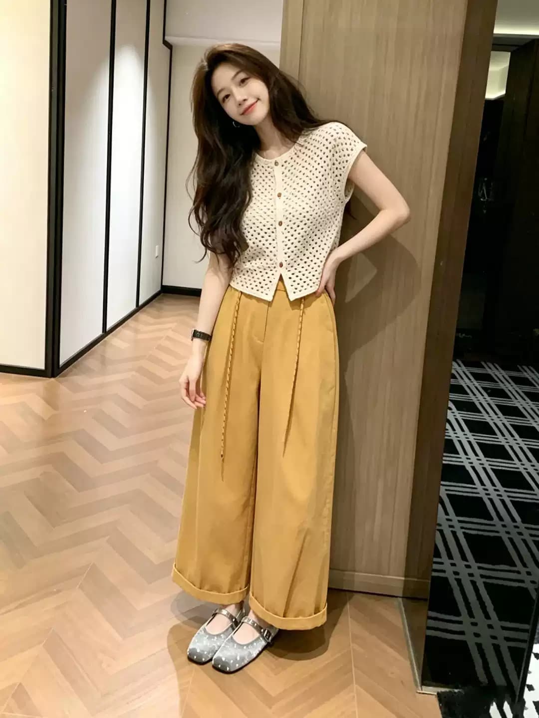2026 새로운 품격 전체 집합 ootd 착용 가져 가라. 초여름 고유 한 아름다운 작은 키 와이드 레그 팬츠 투피스 슈트 여성 상세 이미지 2