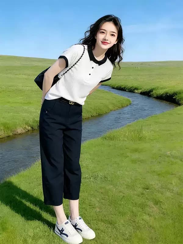 여름 패션 세트 품격 연령 감소 루즈핏 슬림해 보이는 폴로 칼라 얼음 실크 반팔 맨위 코디 스트레이트 캐주얼 바지 여성 이미지 2