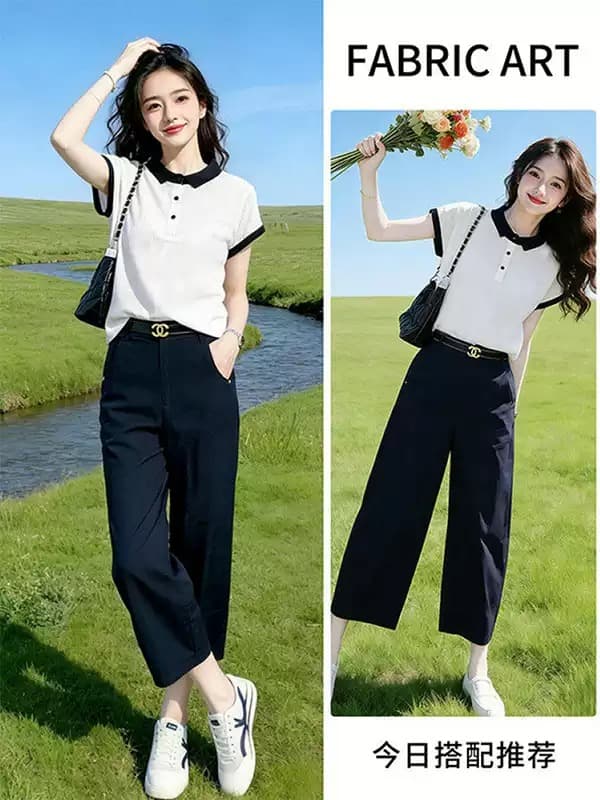 여름 패션 세트 품격 연령 감소 루즈핏 슬림해 보이는 폴로 칼라 얼음 실크 반팔 맨위 코디 스트레이트 캐주얼 바지 여성 상세 이미지 1