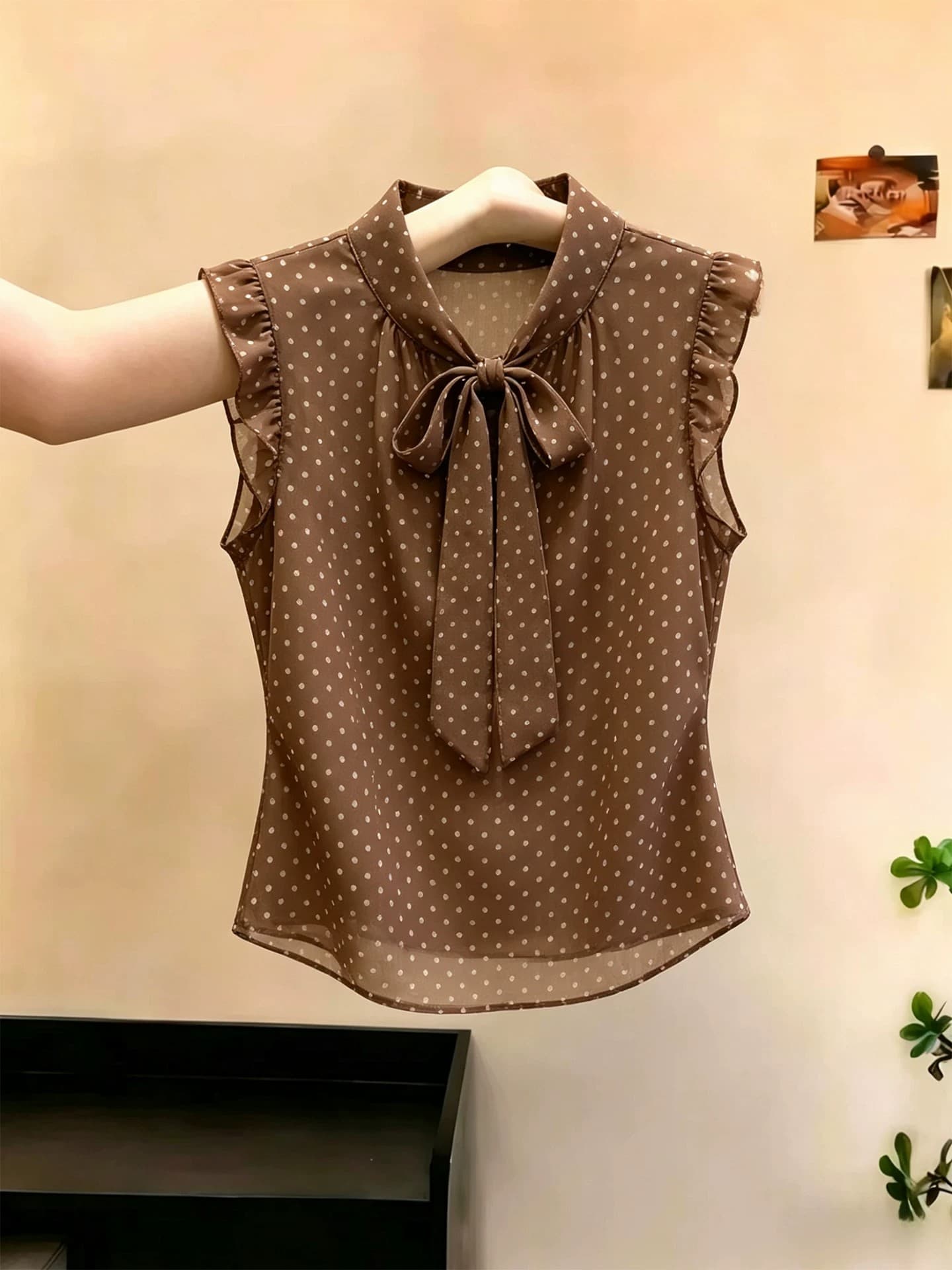 고급 센스 레트로 도트 무늬 나비 넥타이 여성 셔츠 여름 새로운 프랑스식 품격 슬림해 보이는 다용도 맨위 트렌디 상세 이미지 2