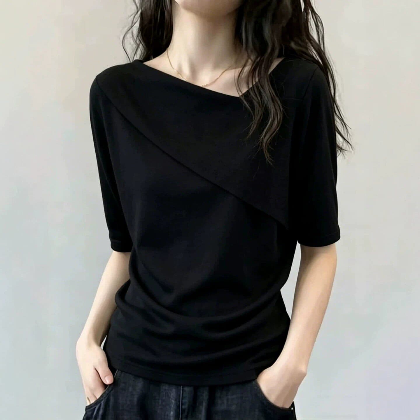 디자인 센스 작은 대중 불규칙 비스듬한 칼라 얇은 스타일 니트 반팔 티셔츠 여성 여름 고유 한 Chic 루즈핏 슬림해 보이는 맨위 이미지 5