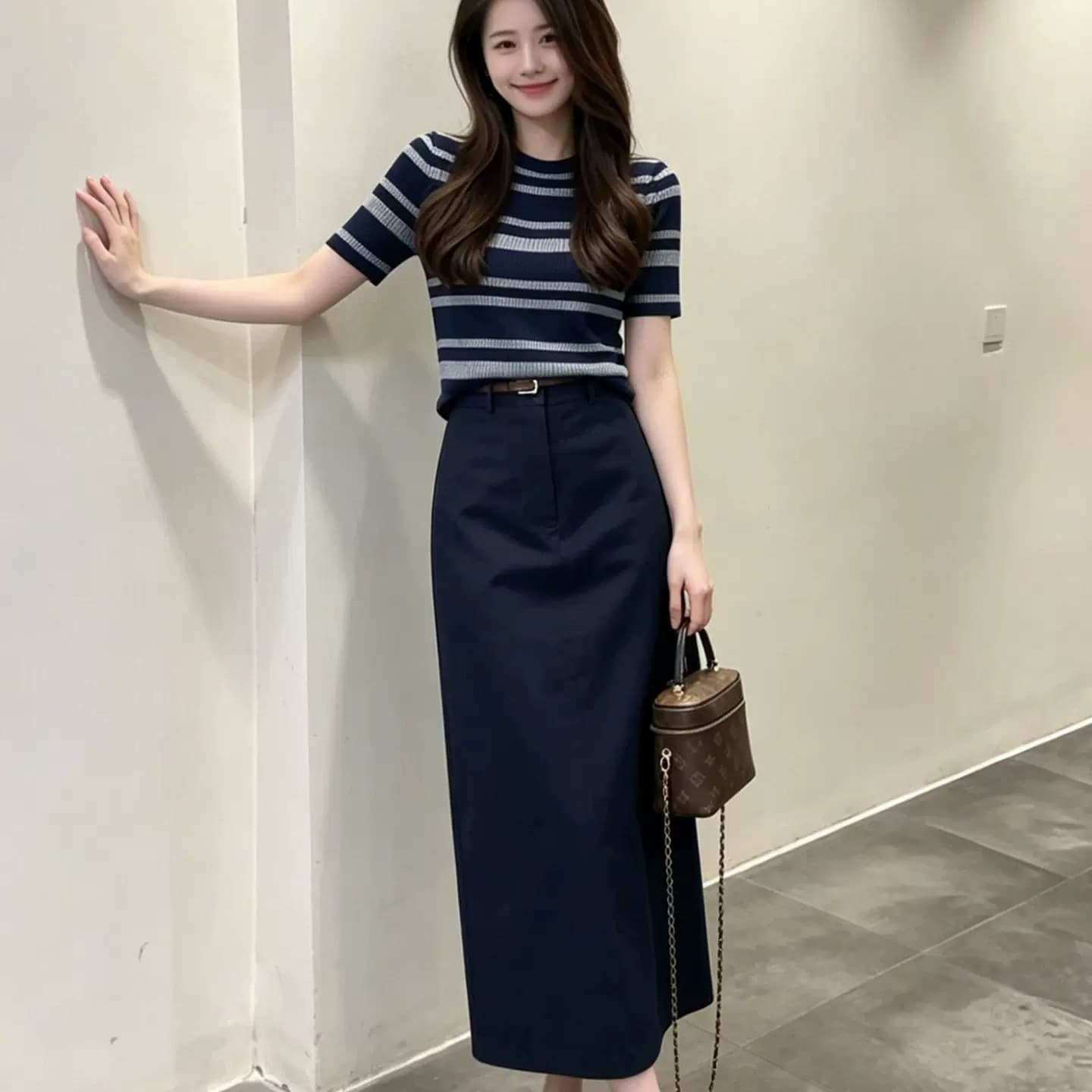 빛 사람들 코치 착용 가져 가라. 전체 집합 여름 새로운 스트라이프 니트 반팔 하이웨이스트 슬림해 보이는 반신 롱 스커트 세트 여성 이미지 5