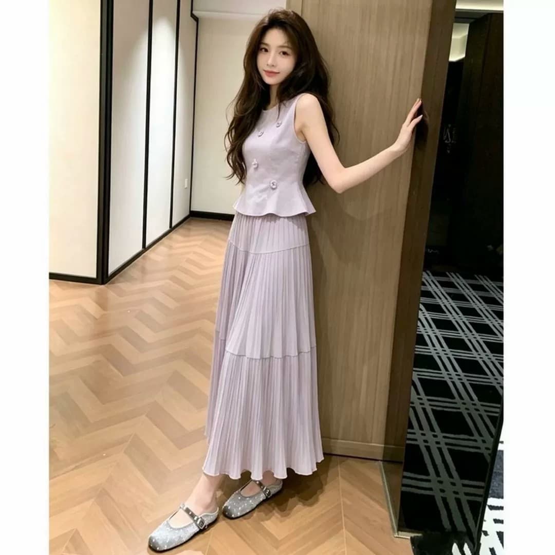 한 부서 디자인 센스 허리 수축 보라색 민소매 맨위 여성 의류 표지 고기 한 마디 반 스커트 세트 외국 가스 연령 감소 투피스 세트 상세 이미지 4