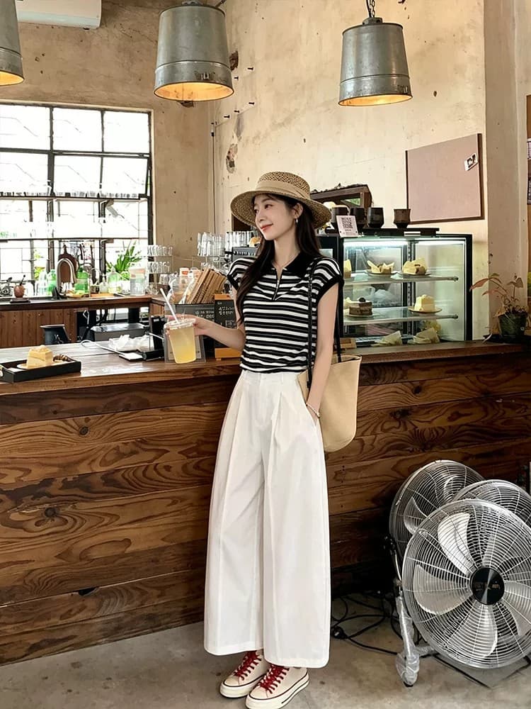 프랑스식 표지 고기 스트라이프 맨위 와이드 레그 팬츠 세트 여성 여름 새로운 슬림해 보이는 연령 감소 작은 키 캐주얼 투피스 세트 상세 이미지 1