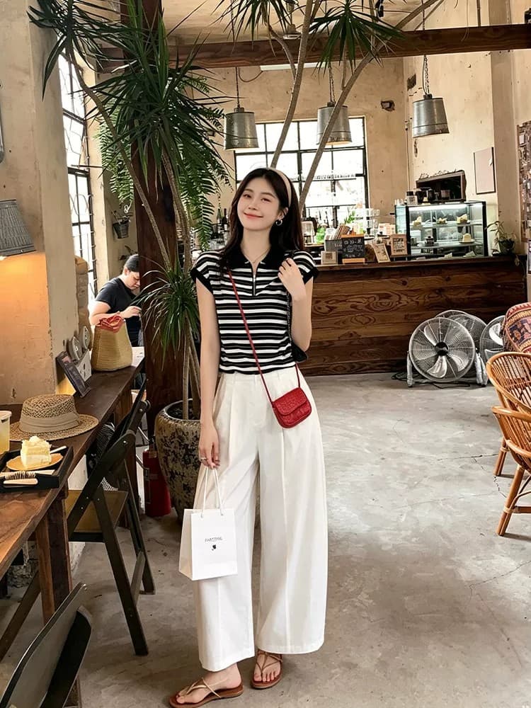 프랑스식 표지 고기 스트라이프 맨위 와이드 레그 팬츠 세트 여성 여름 새로운 슬림해 보이는 연령 감소 작은 키 캐주얼 투피스 세트 상세 이미지 4