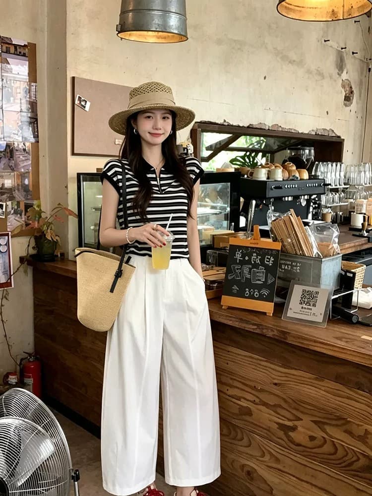 프랑스식 표지 고기 스트라이프 맨위 와이드 레그 팬츠 세트 여성 여름 새로운 슬림해 보이는 연령 감소 작은 키 캐주얼 투피스 세트 상세 이미지 5