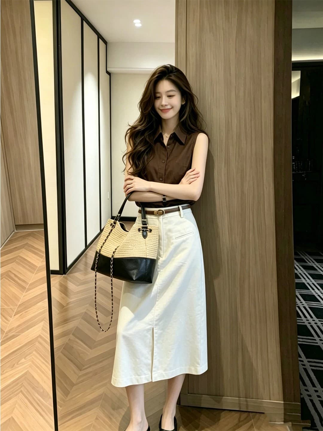 출퇴근 높음 지혜 센스 착용 가져 가라. 전체 집합 품격 오래된 돈 바람 아마 민소매 셔츠 반신 스커트 투피스 슈트 여성 여름 이미지 2