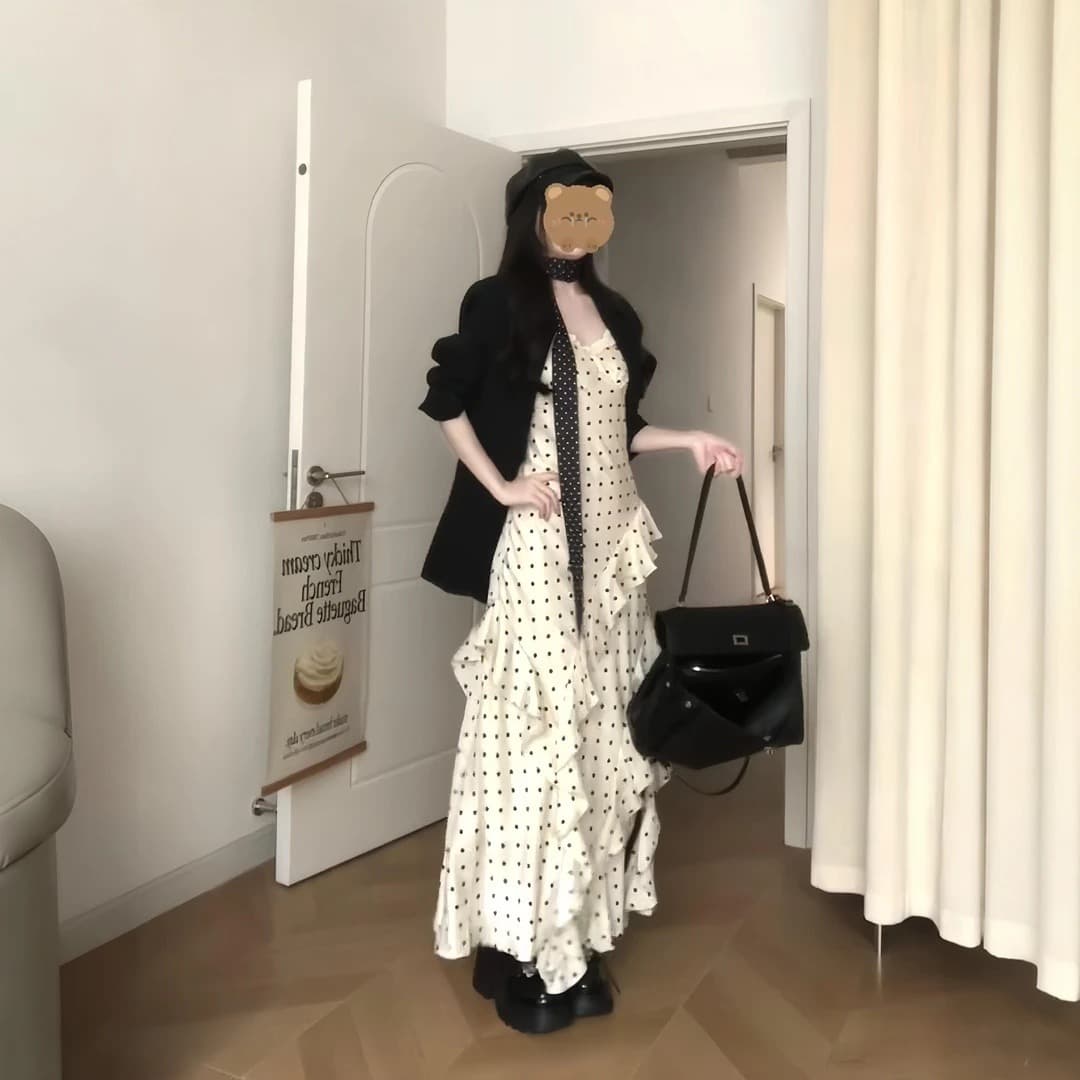 2026 이른 봄 새로운 캐주얼 고급 센스 검정색 정장 여성 코트 도트 무늬 프릴 드레스 투피스 세트 이미지 5