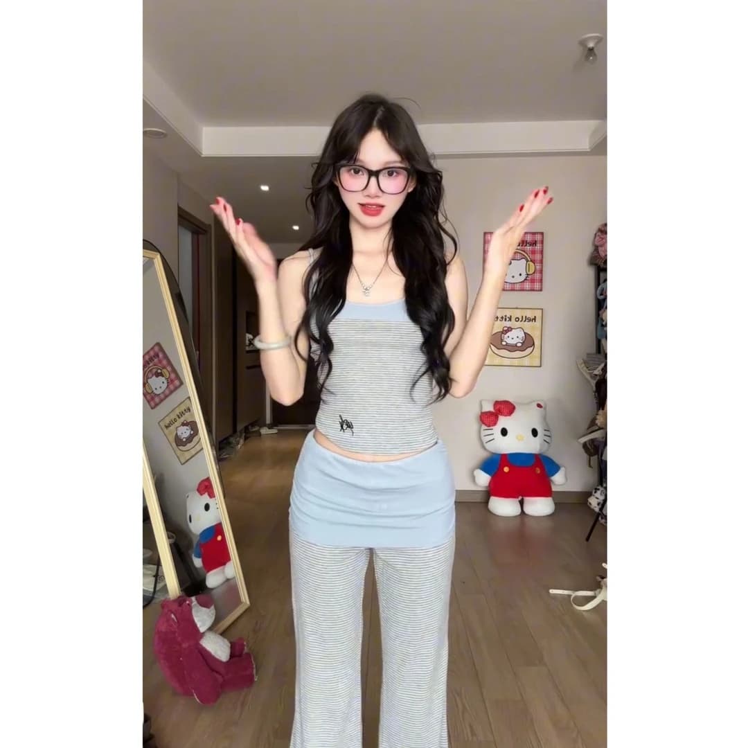 marie.coco 슈퍼 화재 열린 봄 착용 가져 가라. 전체 집합 파란색 스웨터 오픈 가디건 캐미솔 와이드 레그 팬츠 3종 세트 상세 이미지 2
