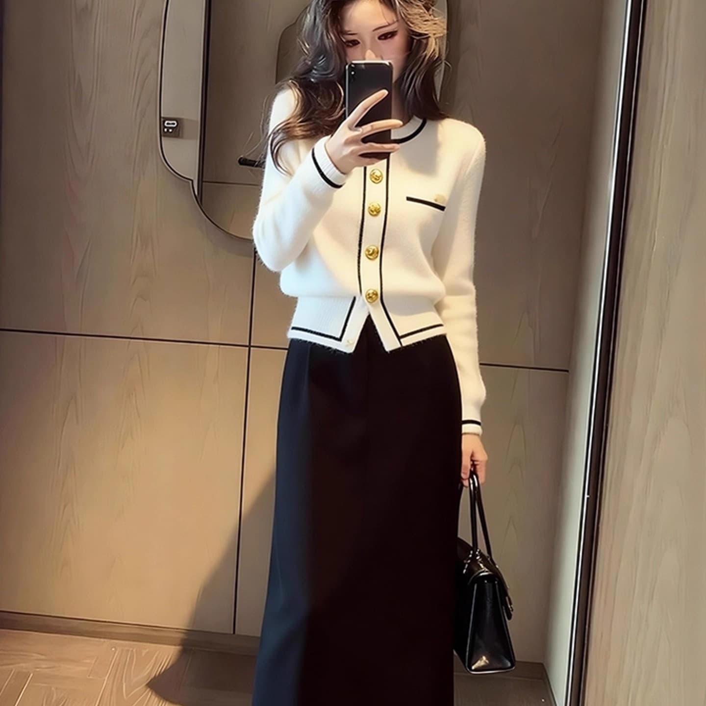 2025 작은 샤넬 스타일 배색 측면 니트 오픈 가디건 세트 여자 이른 가을 품격 연령 감소 맨위 반신 스커트 투피스 세트 이미지 4