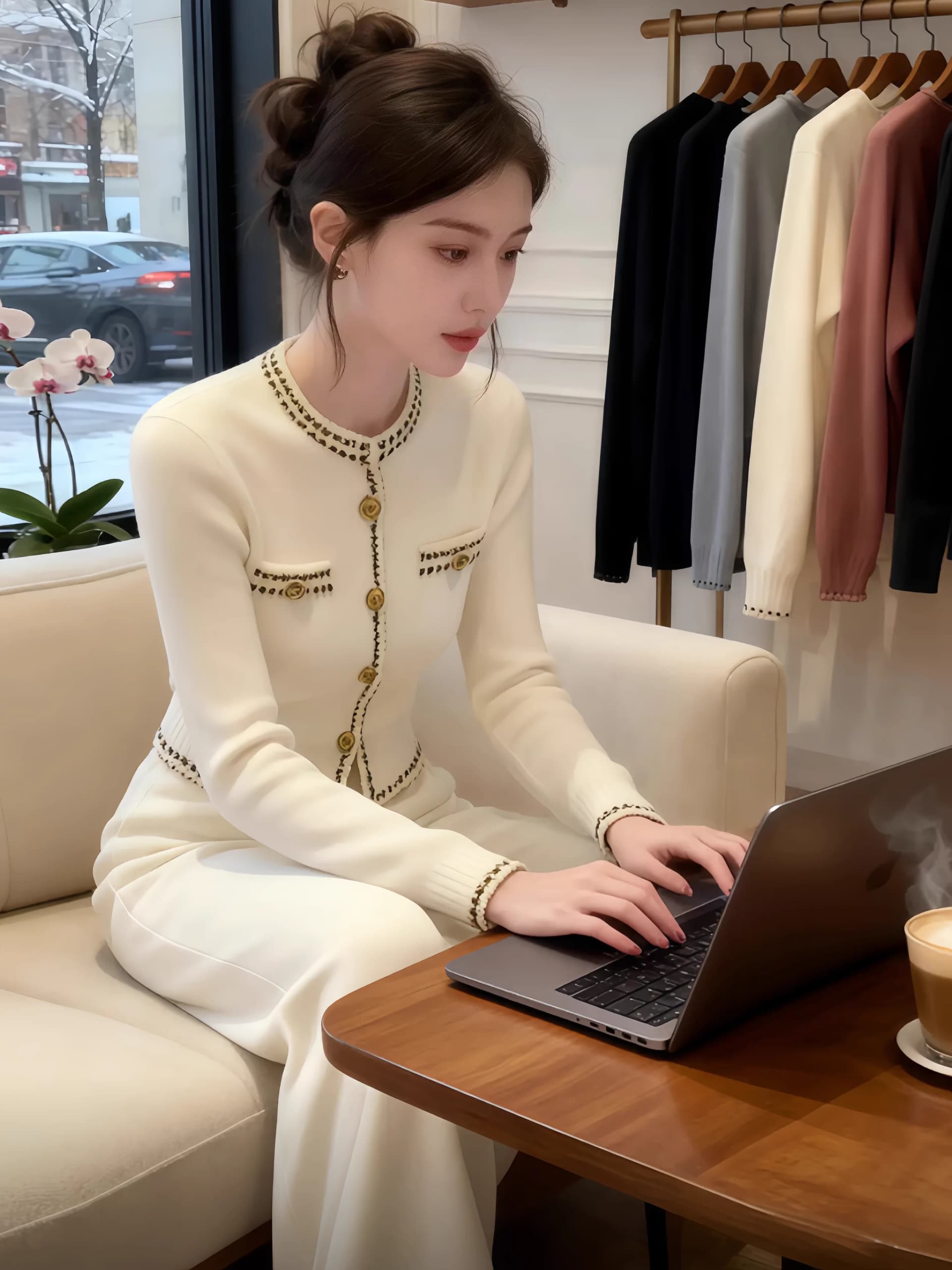 세트 여성 겨울 2025 새로운 작은 샤넬 스타일 화이트 니트 스웨터 맨위 캐주얼 바지 고급 센스 여성 의류 투피스 세트 이미지 3