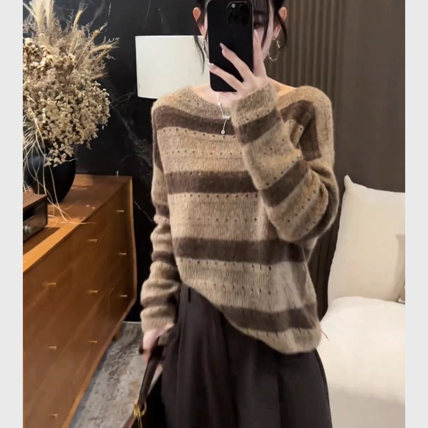 가을의 날 ootd 착용 가져 가라. 전체 집합 작은 샤넬 스타일 아름다움 라드. 브라운 스트라이프 니트 스웨터 와이드 레그 팬츠 세트 여성 레저 이미지 2