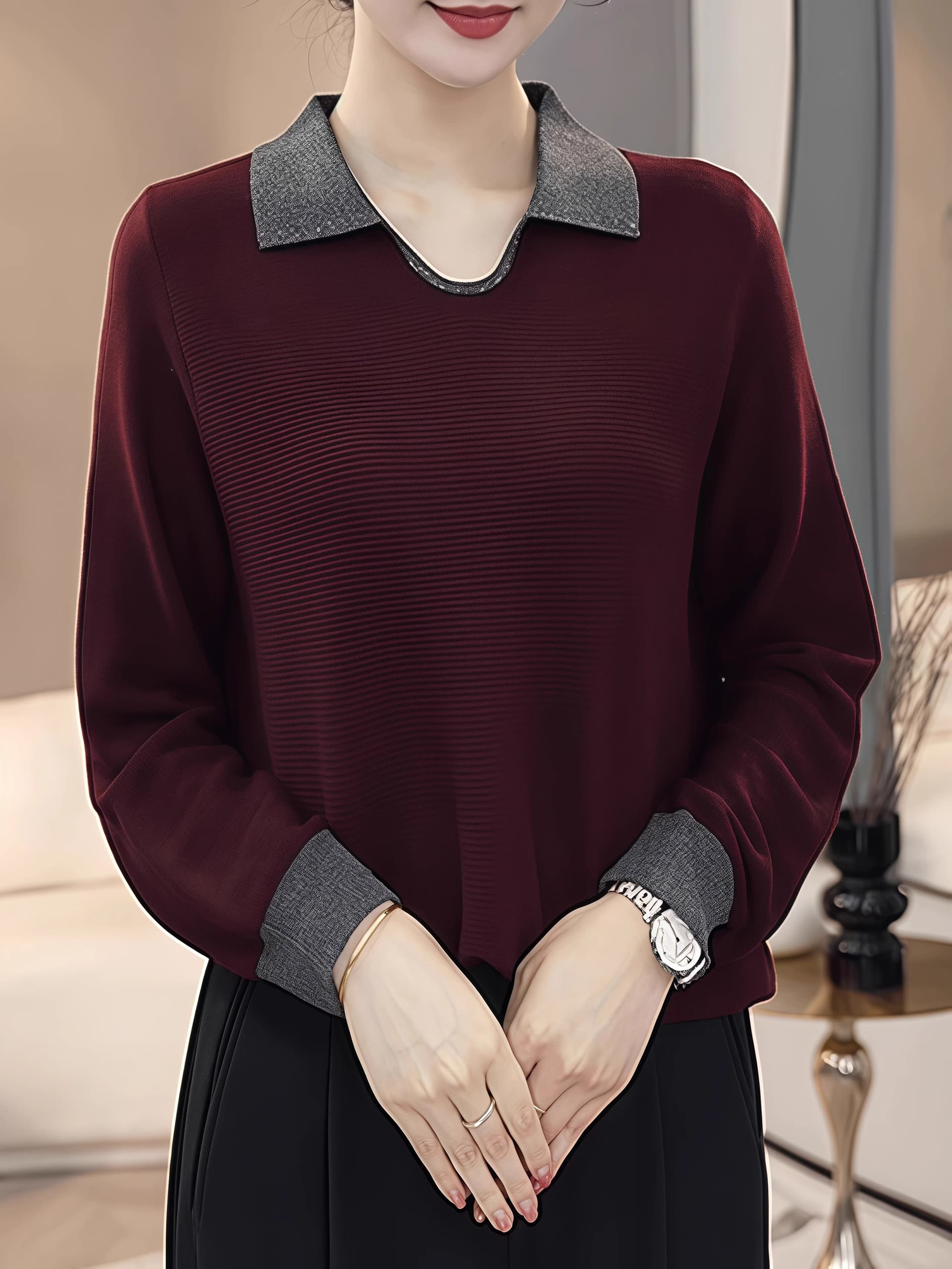 프라임 주문 여성 의류 오리지널 브랜드 플래그십 스토어 패치워크 색상 폴로 칼라 니트 스웨터 등 허리 밴딩 스트레이트 팬츠 세트 가을 이미지 3