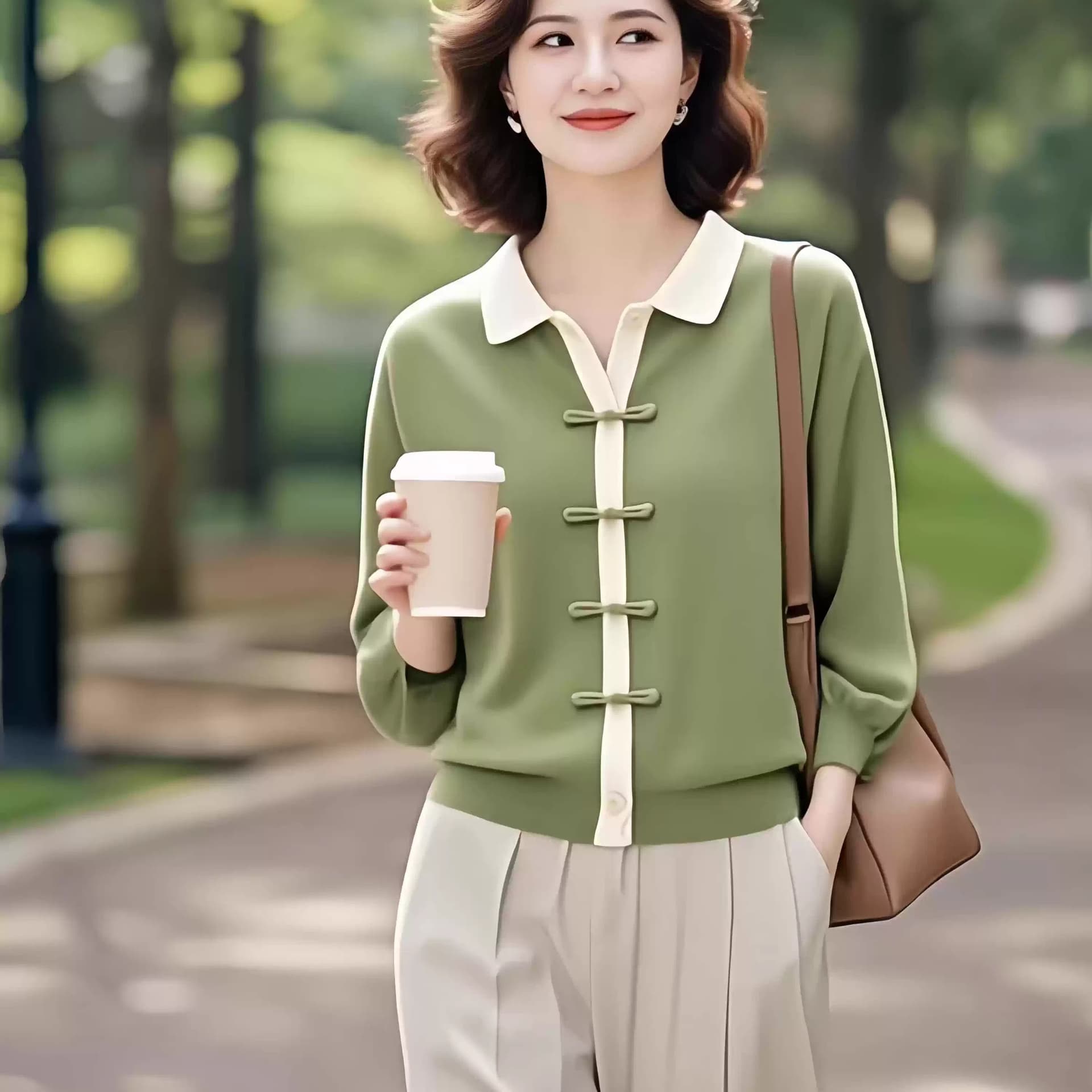 프라임 주문 여성 의류 오리지널 브랜드 플래그십 스토어 국풍 단추 7부 소매 니트 스웨터 도루 센스 바지 투피스 세트 가을 이미지 5