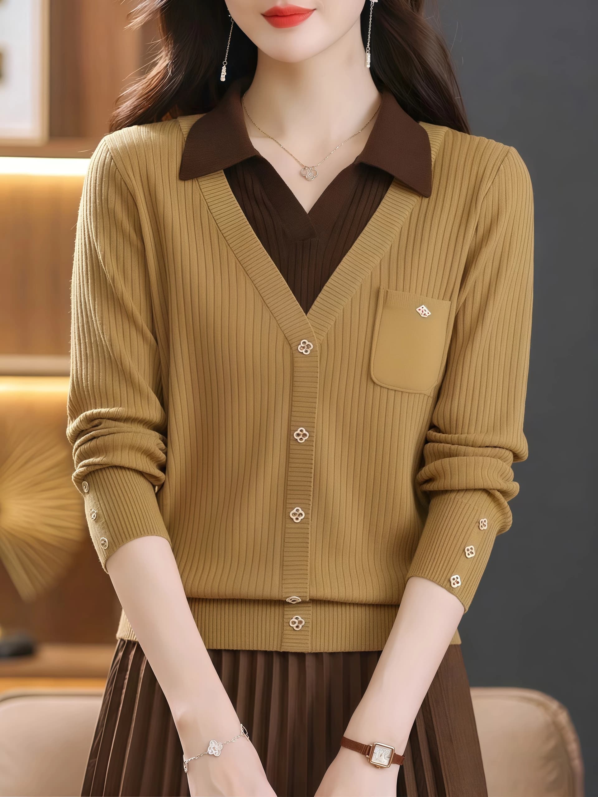 프라임 주문 여성 의류 오리지널 브랜드 플래그십 스토어 폴로 칼라 페이크 레이어드 니트 스웨터 하프 허리밴드 9부 바지 세트 가을 상세 이미지 3
