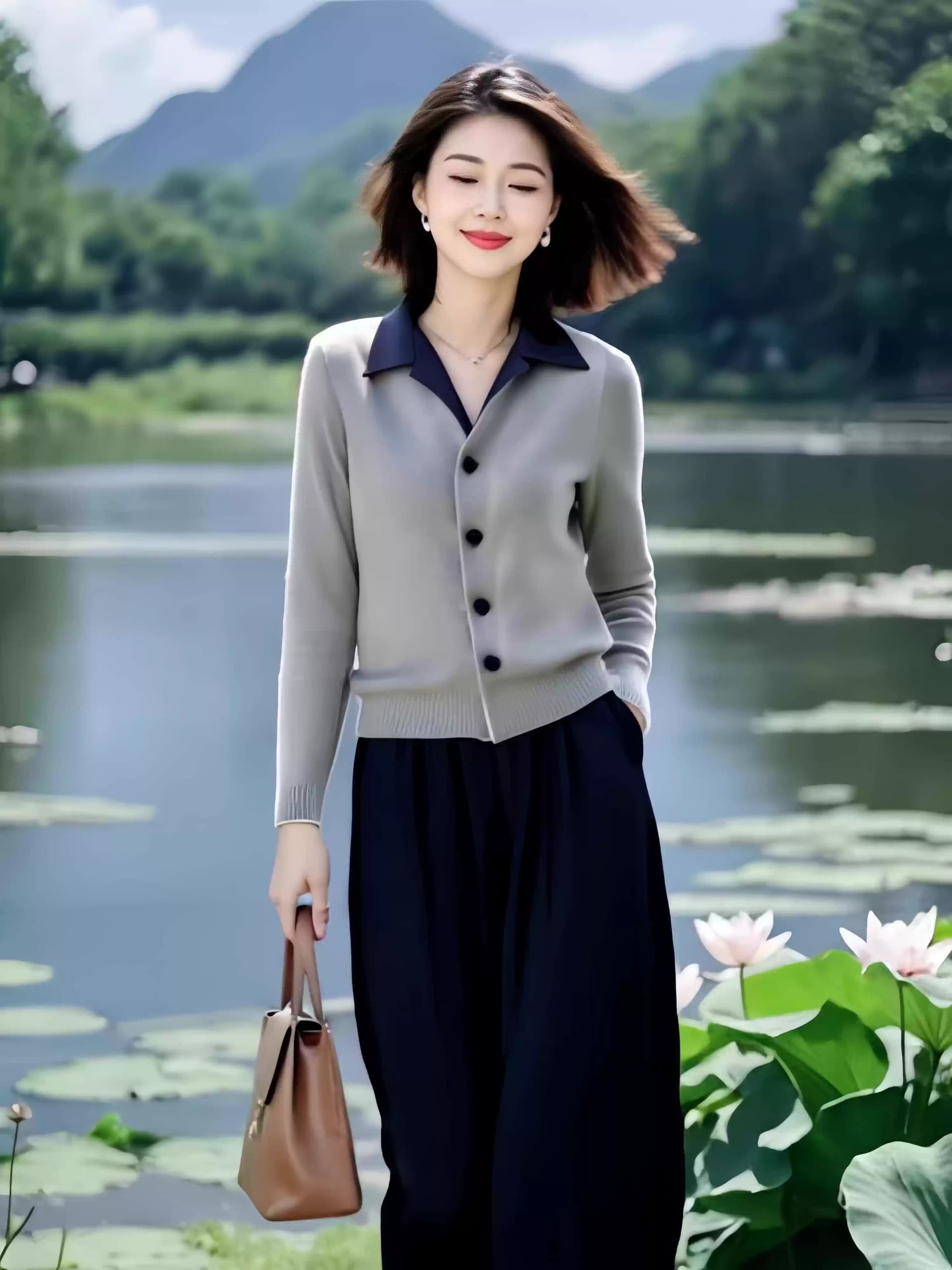 프라임 주문 여성 의류 오리지널 브랜드 플래그십 스토어 패션 배색 니트 스웨터 허리밴드 등 허리 9부 바지 세트 가을 이미지 4