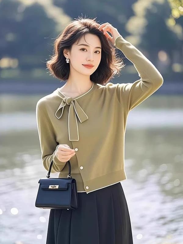 녹색 나비 넥타이 니트 오픈 가디건 여성 여름 2026 새로운 한 부서 고유 한 슈퍼 잘 생긴 에어컨 셔츠 맨위 이미지 3