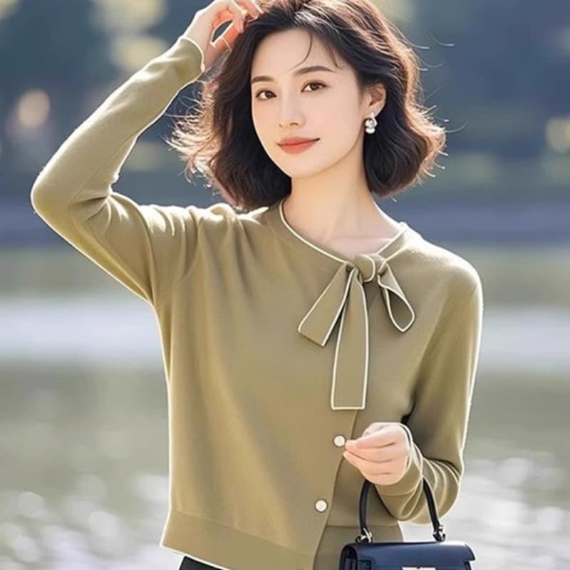 녹색 나비 넥타이 니트 오픈 가디건 여성 여름 2026 새로운 한 부서 고유 한 슈퍼 잘 생긴 에어컨 셔츠 맨위 상세 이미지 4