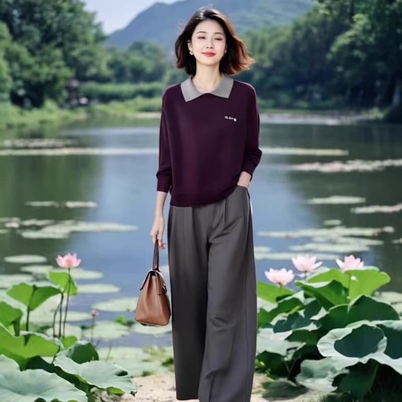 우아한 여성 의류 오리지널 브랜드 플래그십 스토어 가을 새로운 폴로 칼라 니트 스웨터 가져 가라. 하이웨이스트 스트레이트 팬츠 투피스 슈트 이미지 2