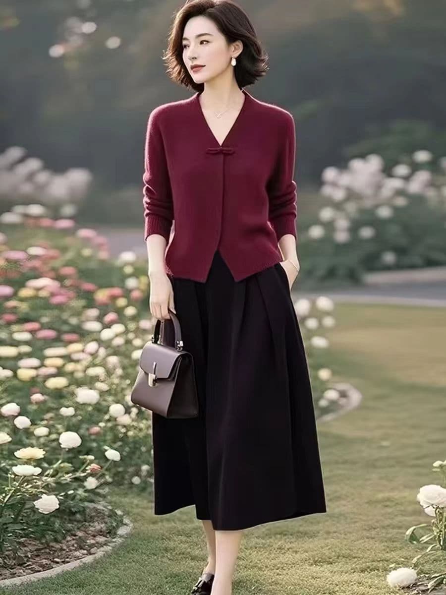 우아한 맞춤 여성 의류 오리지널 브랜드 플래그십 스토어 품격 빛 국풍 양모 니트 스웨터 반 스커트 투피스 세트 세트 이미지 3