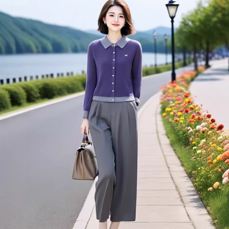우아한 맞춤 여성 의류 오리지널 브랜드 바이올렛 배색 폴로 칼라 니트 오픈 가디건 허리밴드 9부 바지 투피스 세트 이미지 2
