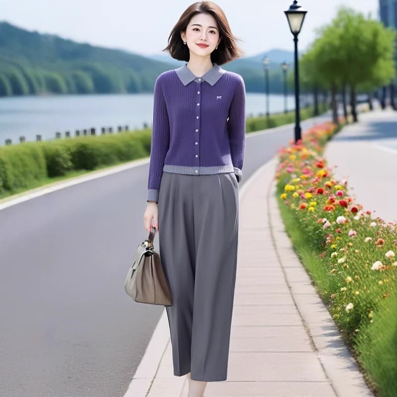 우아한 맞춤 여성 의류 오리지널 브랜드 바이올렛 배색 폴로 칼라 니트 오픈 가디건 허리밴드 9부 바지 투피스 세트 이미지 5