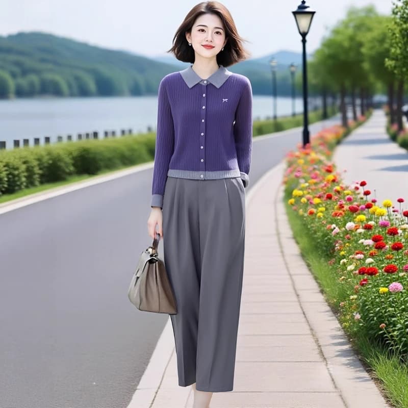 우아한 맞춤 여성 의류 오리지널 브랜드 바이올렛 배색 폴로 칼라 니트 오픈 가디건 허리밴드 9부 바지 투피스 세트 상세 이미지 1