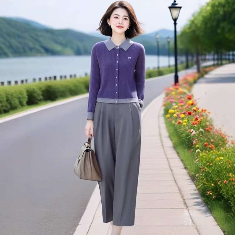 우아한 맞춤 여성 의류 오리지널 브랜드 바이올렛 배색 폴로 칼라 니트 오픈 가디건 허리밴드 9부 바지 투피스 세트 상세 이미지 3