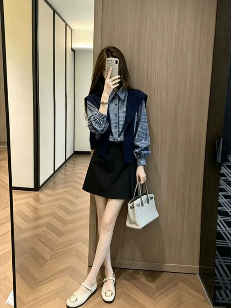 패션 트렌드 품격 3종 세트 2026 봄 가을 새로운 고급 센스 미니멀리즘 폴로 칼라 셔츠 숄 치마바지 세트 이미지 4