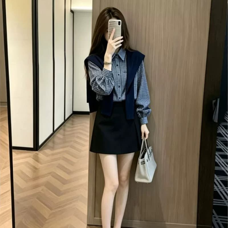 패션 트렌드 품격 3종 세트 2026 봄 가을 새로운 고급 센스 미니멀리즘 폴로 칼라 셔츠 숄 치마바지 세트 이미지 5