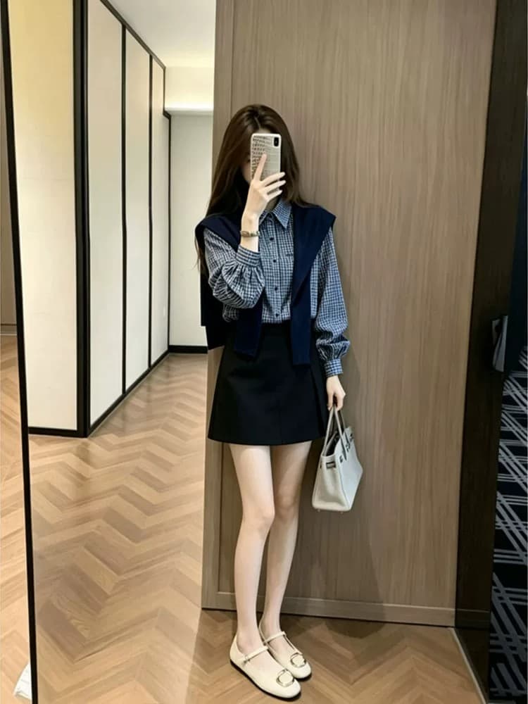 패션 트렌드 품격 3종 세트 2026 봄 가을 새로운 고급 센스 미니멀리즘 폴로 칼라 셔츠 숄 치마바지 세트 상세 이미지 2