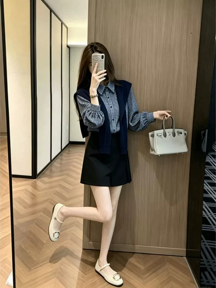 패션 트렌드 품격 3종 세트 2026 봄 가을 새로운 고급 센스 미니멀리즘 폴로 칼라 셔츠 숄 치마바지 세트 상세 이미지 3