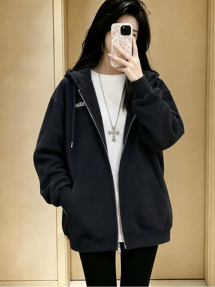 2026 느긋한 바람 후드 지퍼 오픈 가디건 여성 코트 펌프 로프 모자 칼라 루즈핏 미니멀리즘 다용도 캐주얼 맨위 상세 이미지 4