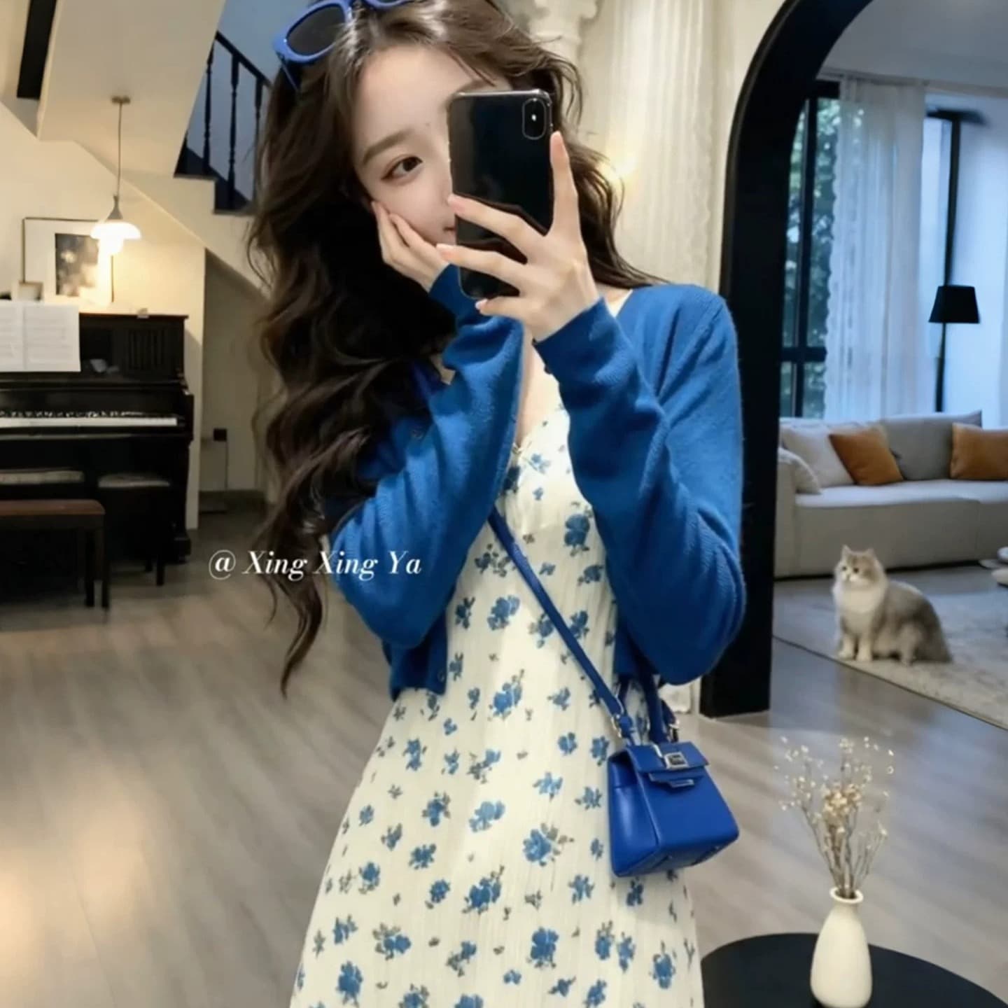 자이언트 잘 생긴 ~ 중 이른 가을 한 부서 착용 가져 가라. 전체 집합 톰 글 래 원인 블루 자외선 차단 오픈 가디건 꽃무늬 슬립 드레스 두 조각 여성 세트 이미지 5