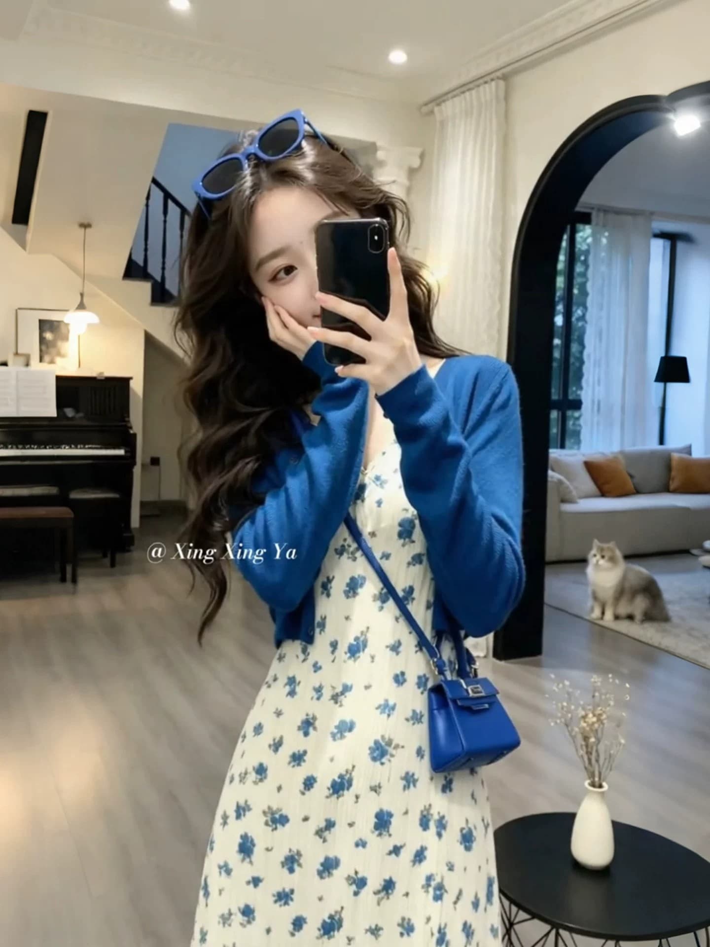자이언트 잘 생긴 ~ 중 이른 가을 한 부서 착용 가져 가라. 전체 집합 톰 글 래 원인 블루 자외선 차단 오픈 가디건 꽃무늬 슬립 드레스 두 조각 여성 세트 상세 이미지 3