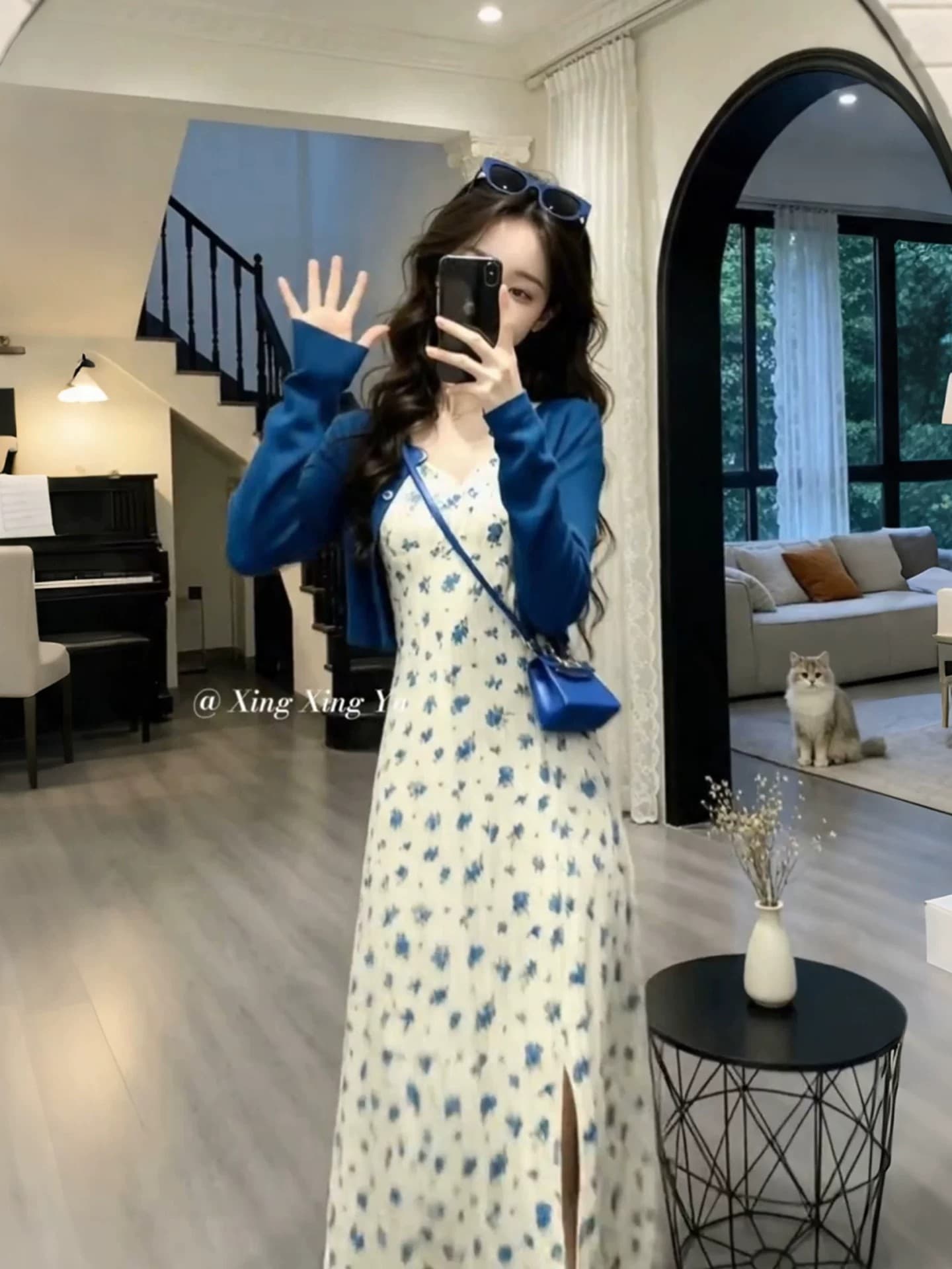 자이언트 잘 생긴 ~ 중 이른 가을 한 부서 착용 가져 가라. 전체 집합 톰 글 래 원인 블루 자외선 차단 오픈 가디건 꽃무늬 슬립 드레스 두 조각 여성 세트 상세 이미지 5