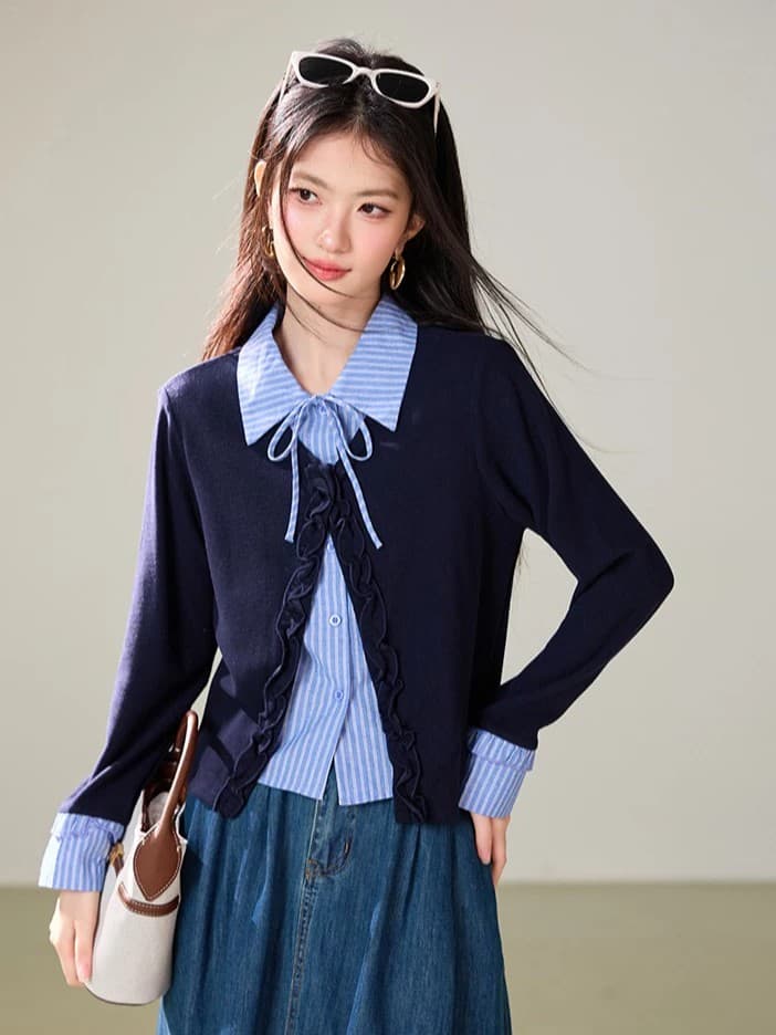 한 부서 학원 스타일 페이크 레이어드 스트라이프 POLO 칼라 여성 셔츠 2026 가을 새로운 패션 슬림해 보이는 다용도 맨위 이미지 2