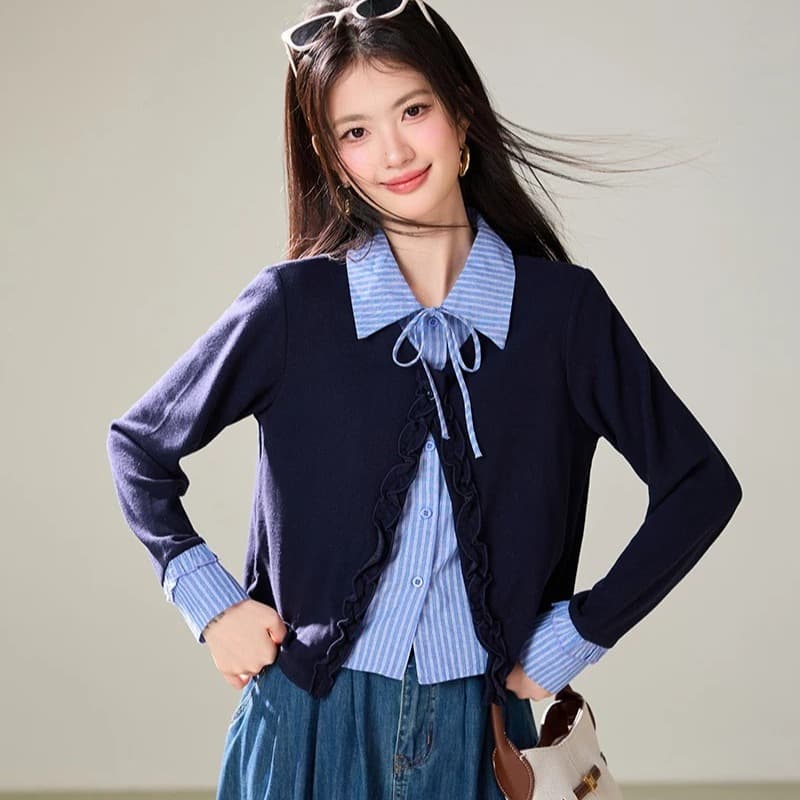 한 부서 학원 스타일 페이크 레이어드 스트라이프 POLO 칼라 여성 셔츠 2026 가을 새로운 패션 슬림해 보이는 다용도 맨위 이미지 5