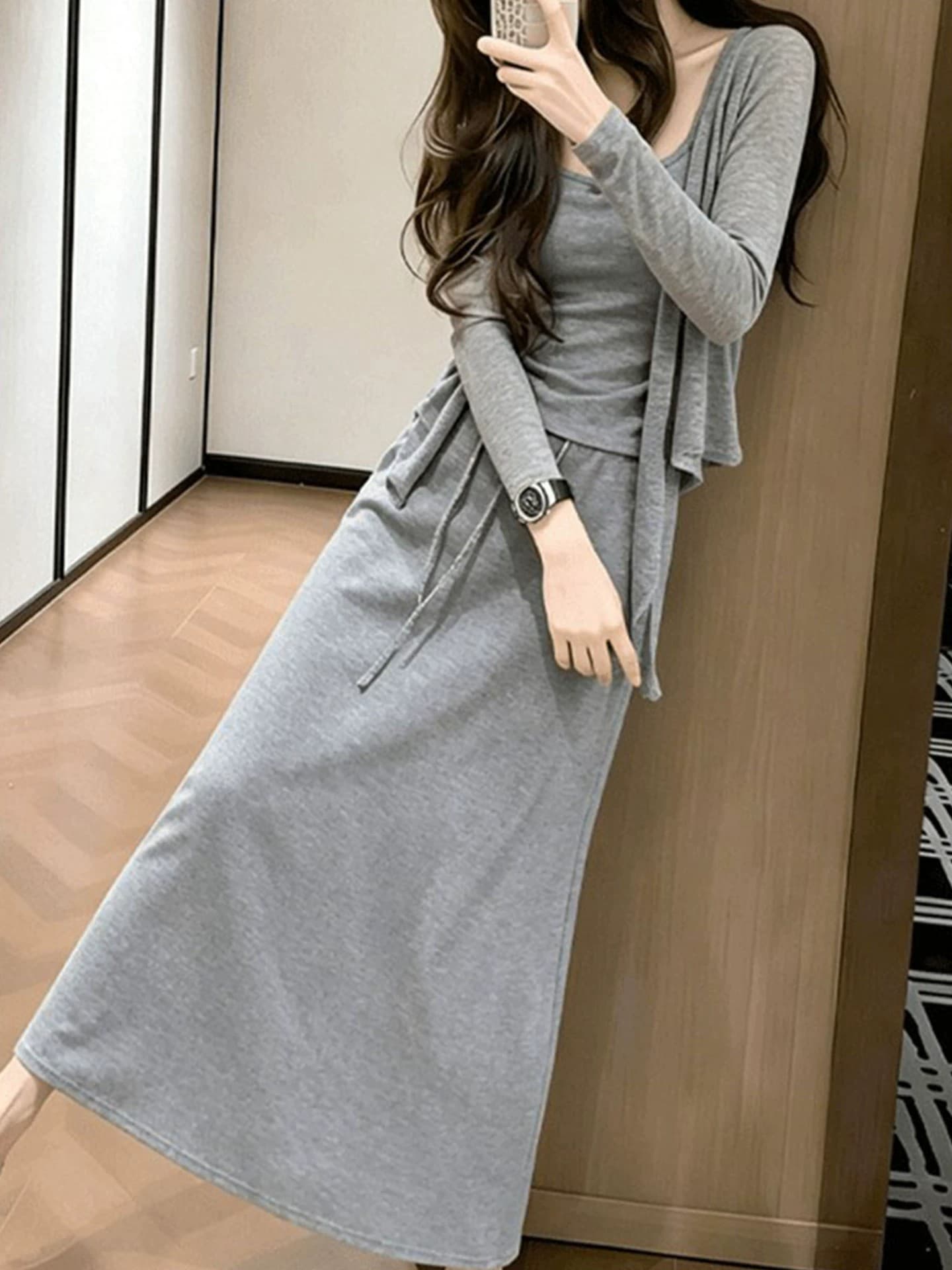 한 부서 느슨함 센스 점프 슈트 치마 조기 가을 새로운 여성 의류 착용 가져 가라. 오픈 가디건 슬립 반신 스커트 3종 세트 세트 이미지 4