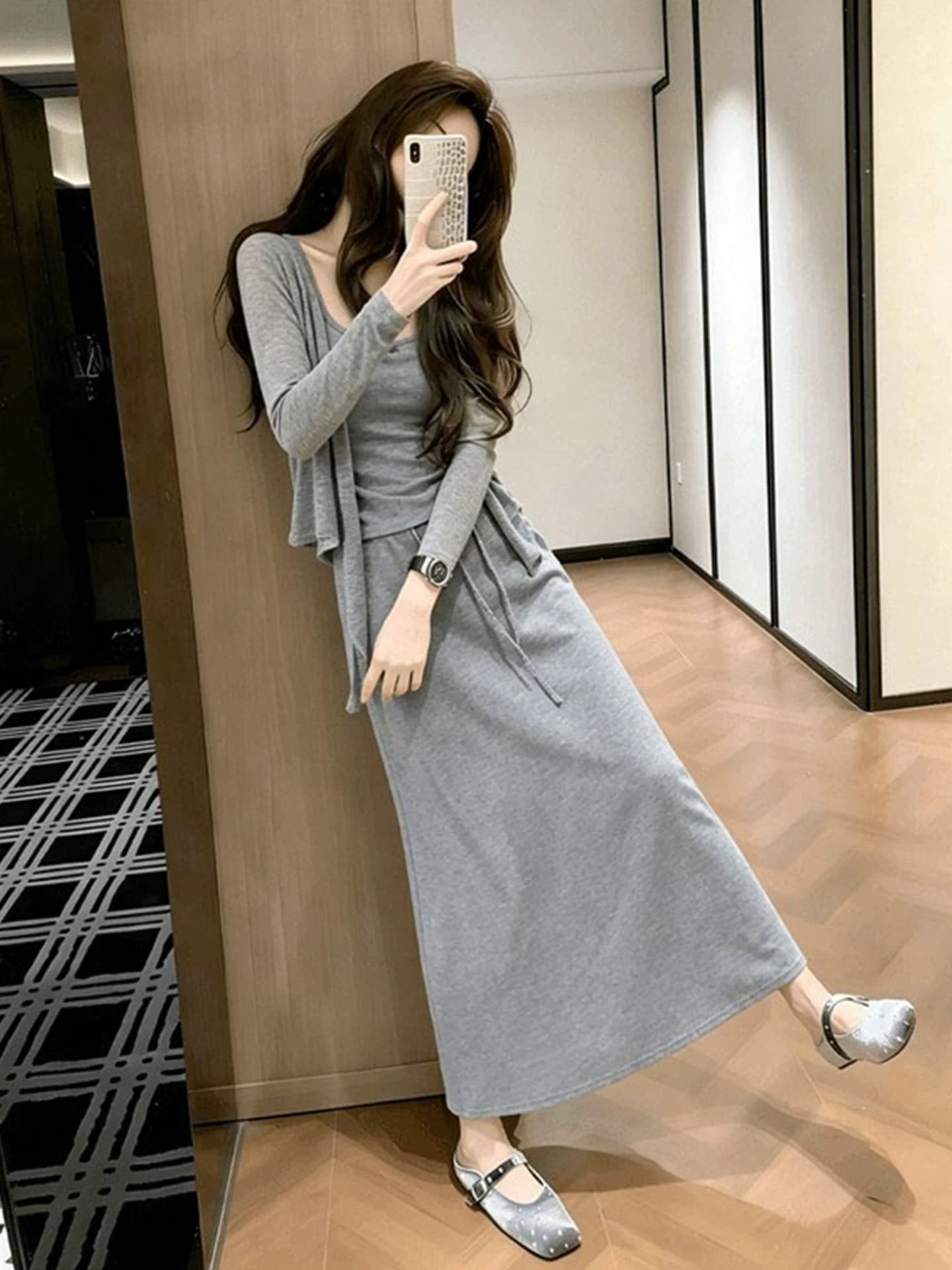 한 부서 느슨함 센스 점프 슈트 치마 조기 가을 새로운 여성 의류 착용 가져 가라. 오픈 가디건 슬립 반신 스커트 3종 세트 세트 이미지 3