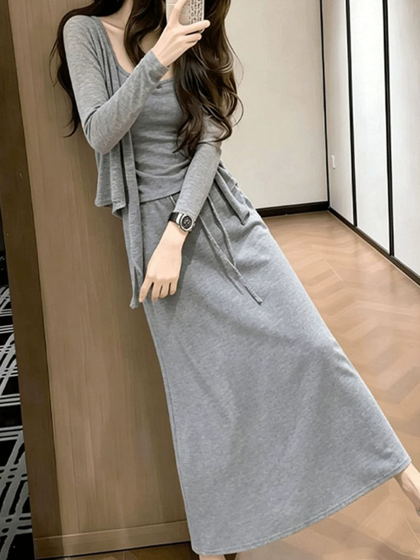 한 부서 느슨함 센스 점프 슈트 치마 조기 가을 새로운 여성 의류 착용 가져 가라. 오픈 가디건 슬립 반신 스커트 3종 세트 세트 이미지 2