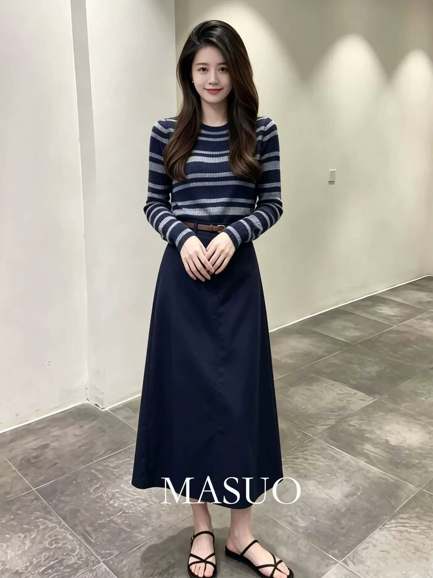품격 전체 집합 ootd 착용 가져 가라. 2026 새로운 빛 요리 한 바람 스트라이프 긴팔 니트 스웨터 하이웨이스트 반신 치마 세트 상세 이미지 1