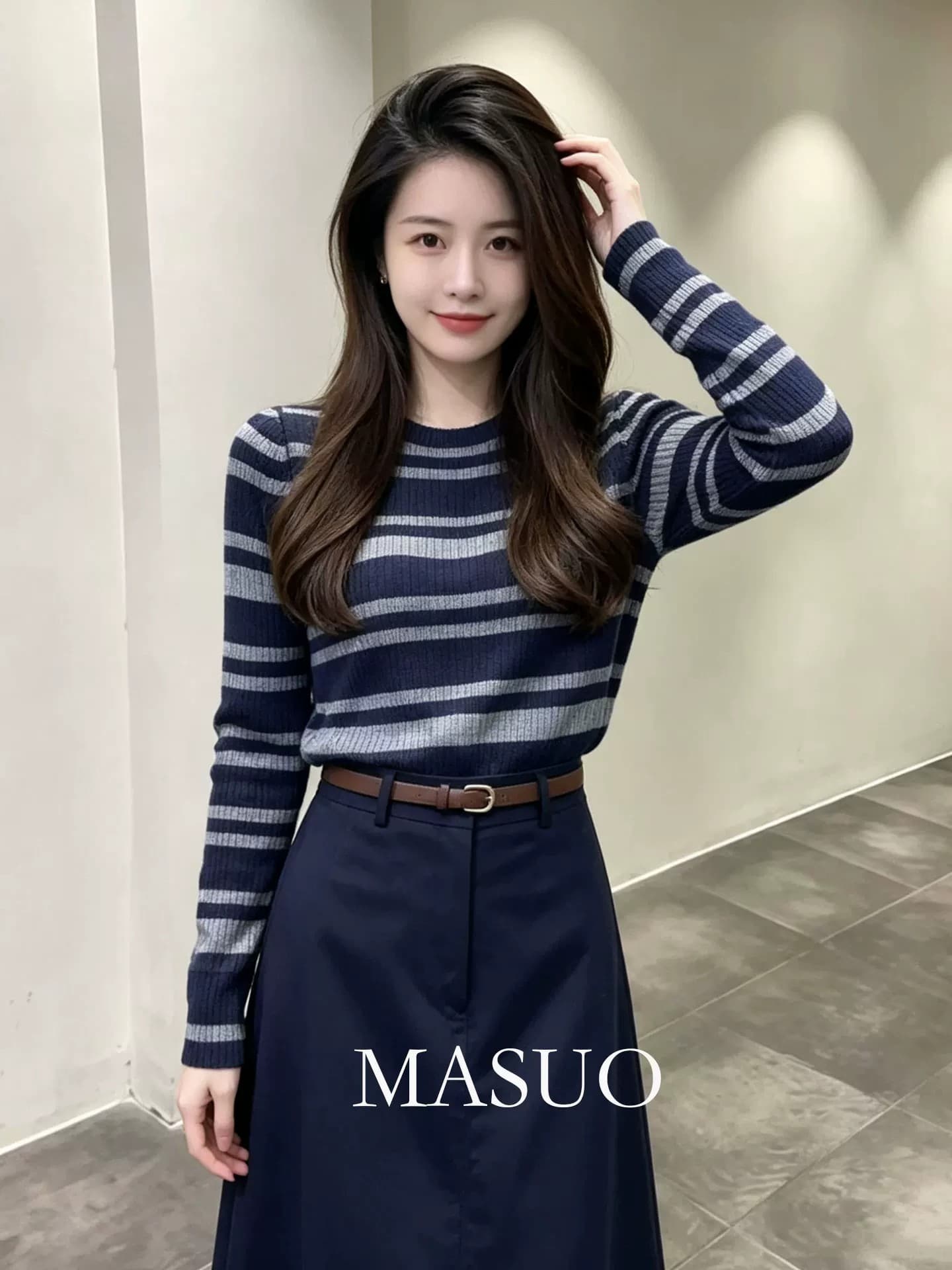 품격 전체 집합 ootd 착용 가져 가라. 2026 새로운 빛 요리 한 바람 스트라이프 긴팔 니트 스웨터 하이웨이스트 반신 치마 세트 상세 이미지 4