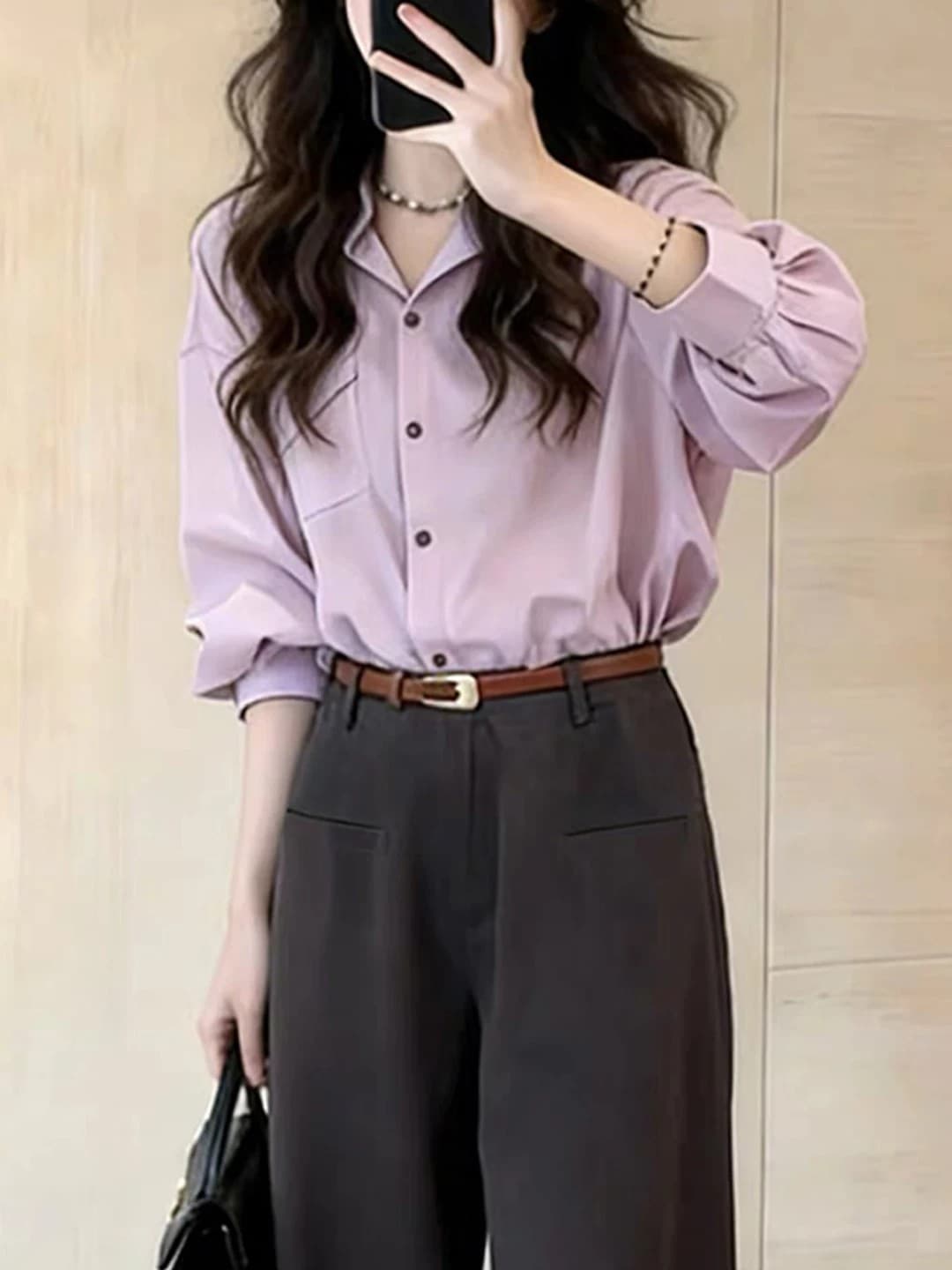 높음 지혜 센스 긴팔 여성 셔츠 2026 년 가을 새로운 폴로 칼라 루즈핏 작은 키 다용도 슬림해 보이는 품격 세트 이미지 2