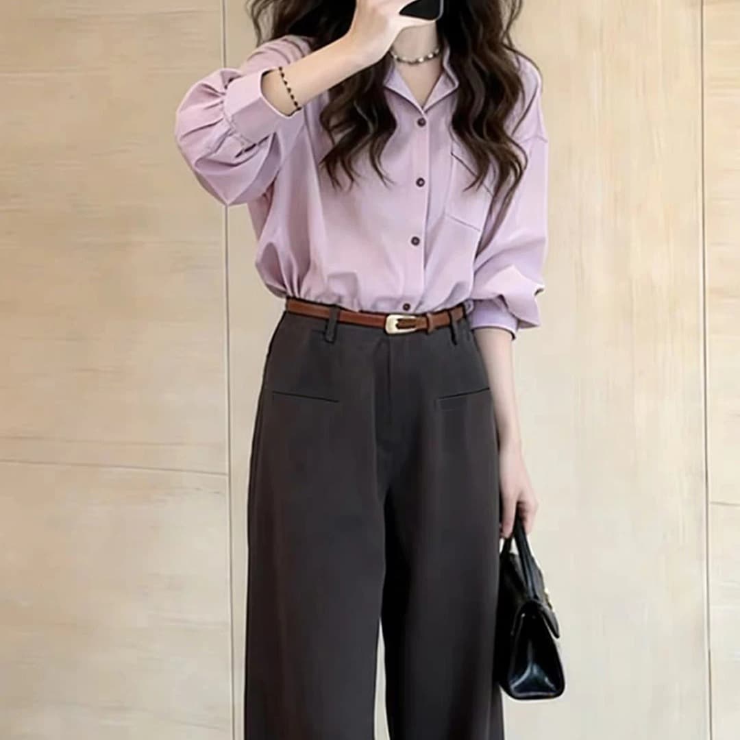 높음 지혜 센스 긴팔 여성 셔츠 2026 년 가을 새로운 폴로 칼라 루즈핏 작은 키 다용도 슬림해 보이는 품격 세트 이미지 5