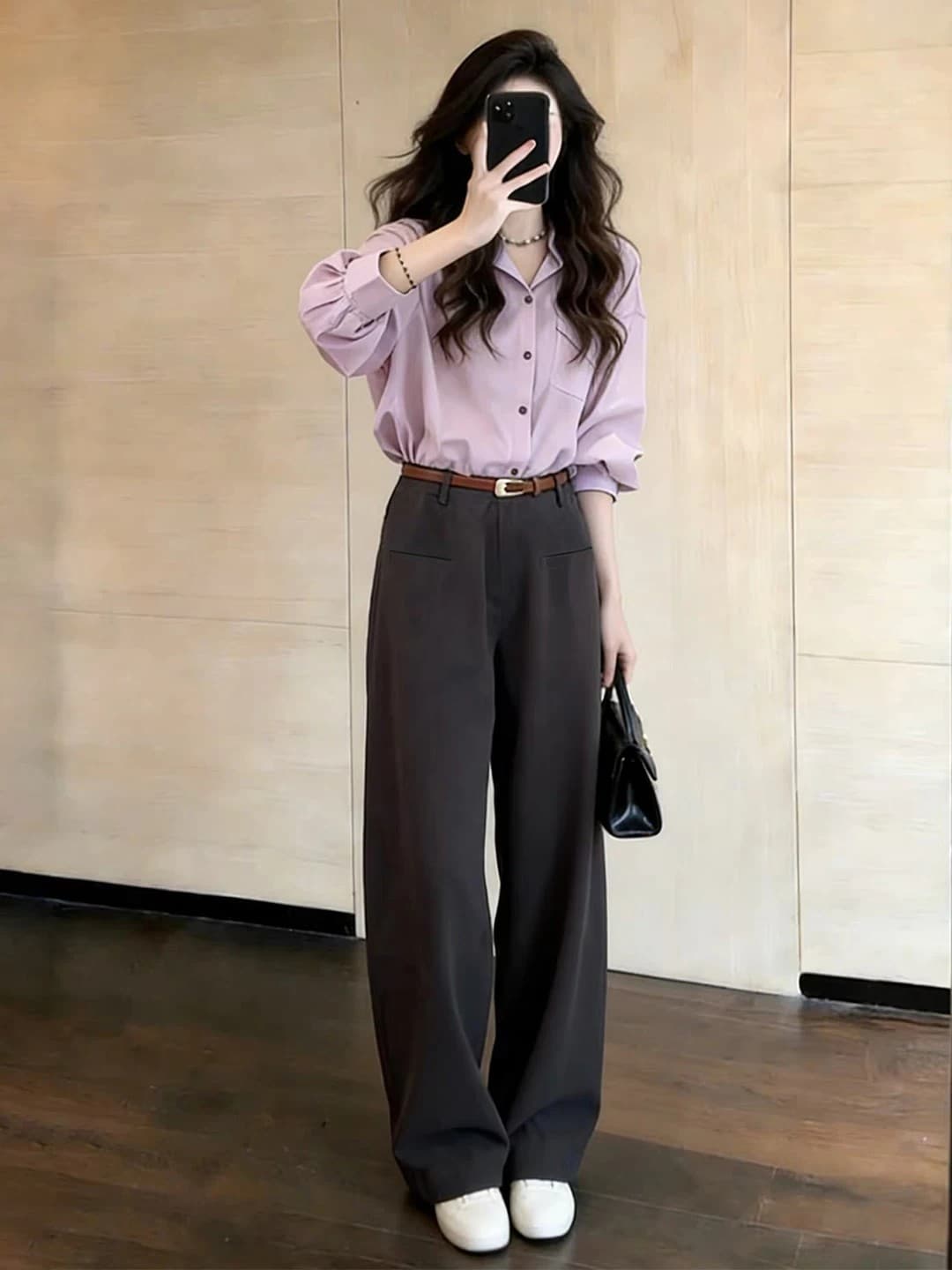 높음 지혜 센스 긴팔 여성 셔츠 2026 년 가을 새로운 폴로 칼라 루즈핏 작은 키 다용도 슬림해 보이는 품격 세트 상세 이미지 1